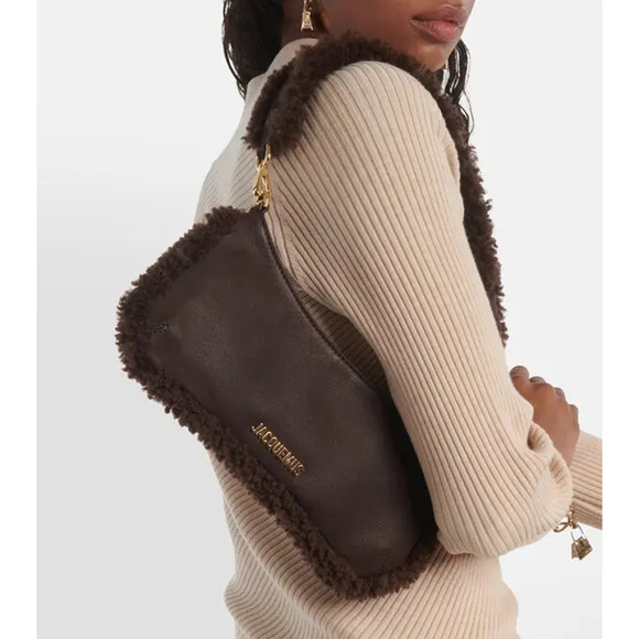 Jacquemus Le Bisou Doux Small Leather Shoulder Gag with Fuzzy Strap Brown - Picture 1 of 15